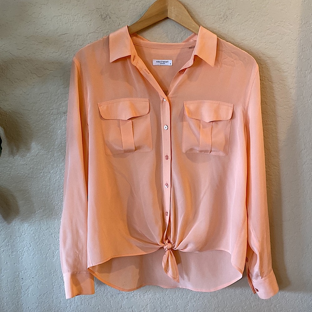 Equipment peach orange silk tie front blouse
